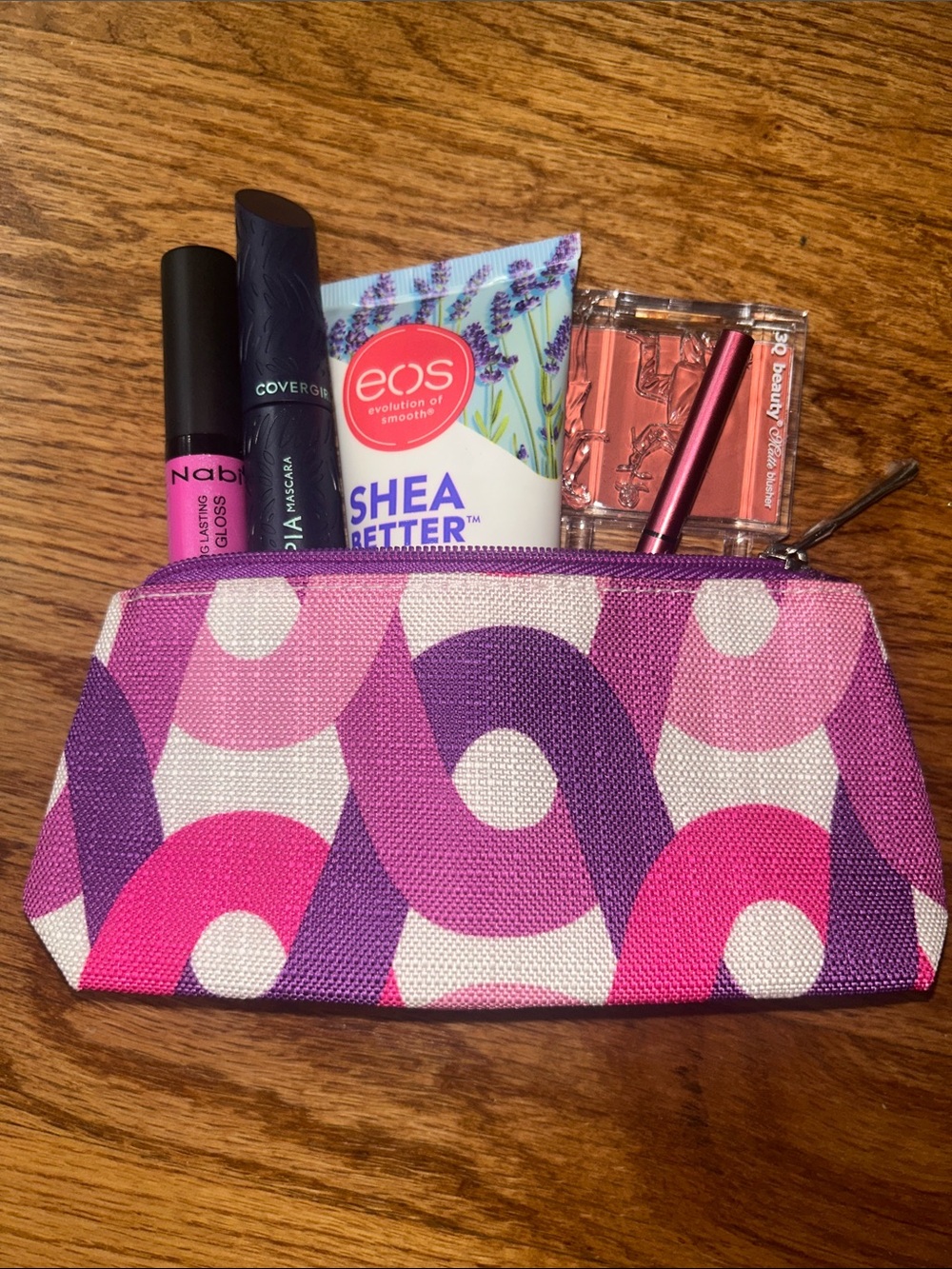 Pink & Purple Geometric Cosmetic Pouch with Travel Beauty Set- 5 Piece Set NEW